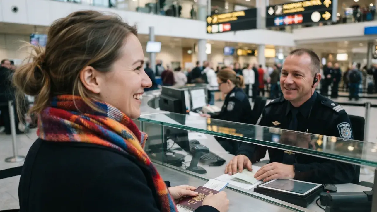 Traveler preparing onward-ticket documents before U.S. airport preclearance
