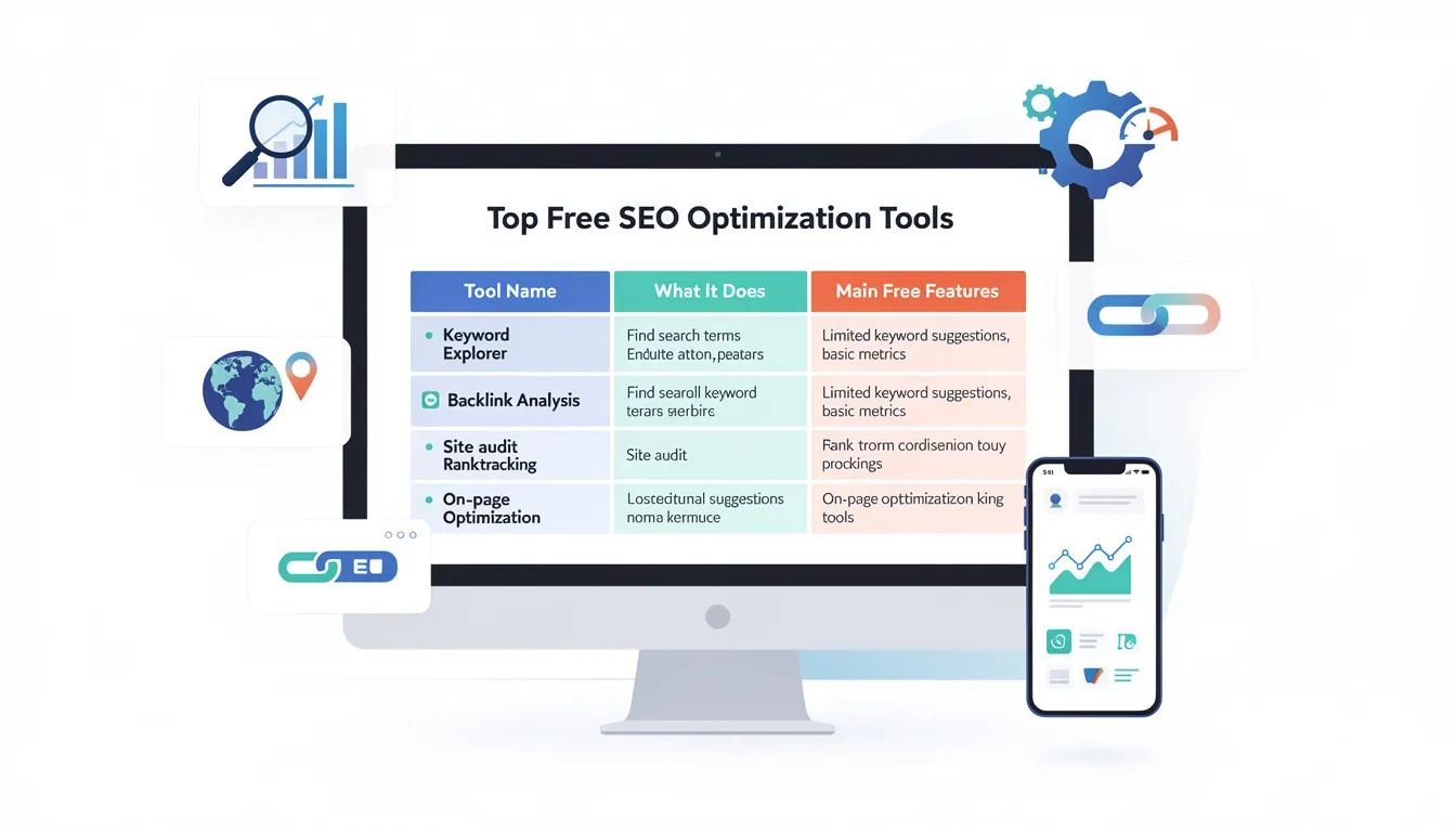 The image features a table that lists the top free SEO optimization tools, including their brief descriptions and key features. The tools help improve search engine rankings by providing free SEO audits, analyzing website performance, and identifying SEO issues such as broken links and technical errors.