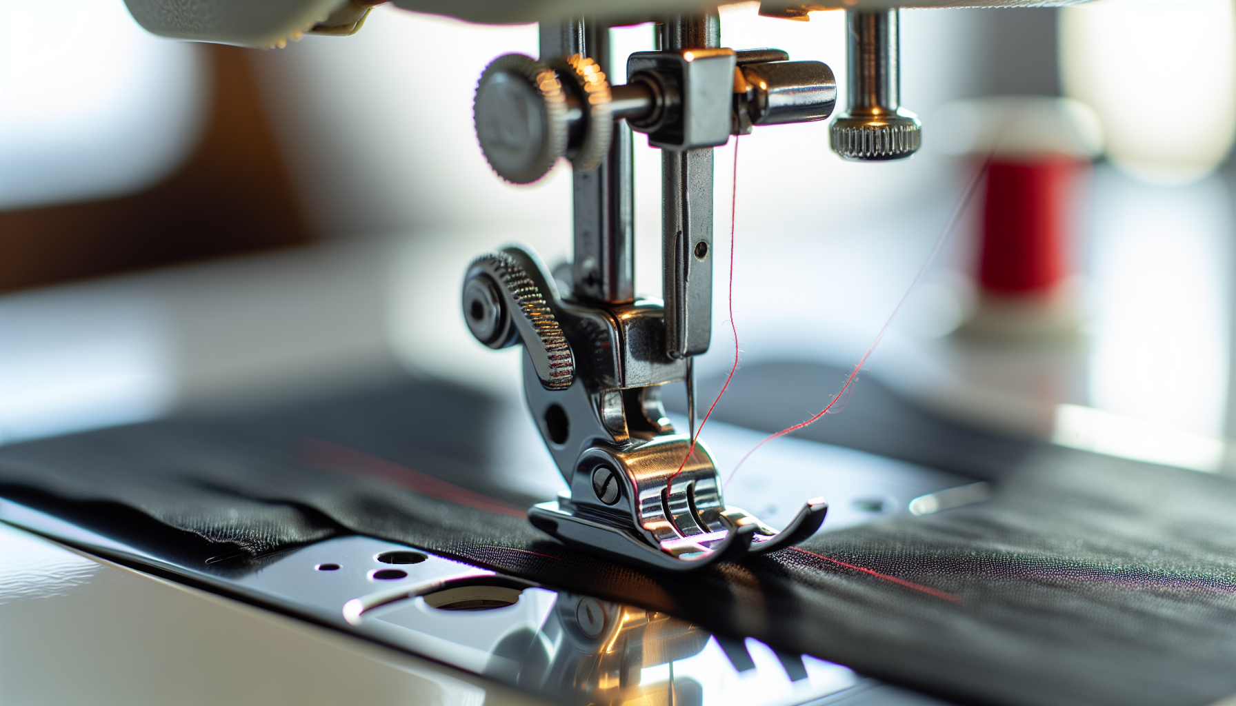 Close-up of sewing machine with invisible zipper foot attached