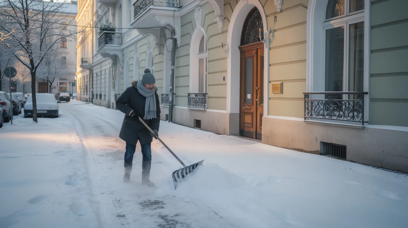Ein Hausmeister räumt Schnee von einem Gehweg vor einem traditionellen Wiener Wohnhaus an einem winterlichen Morgen. Die Szenerie zeigt die verschneite Umgebung und das charmante Gebäude, während der Hausmeisterservice für eine sichere und zugängliche Umgebung sorgt.