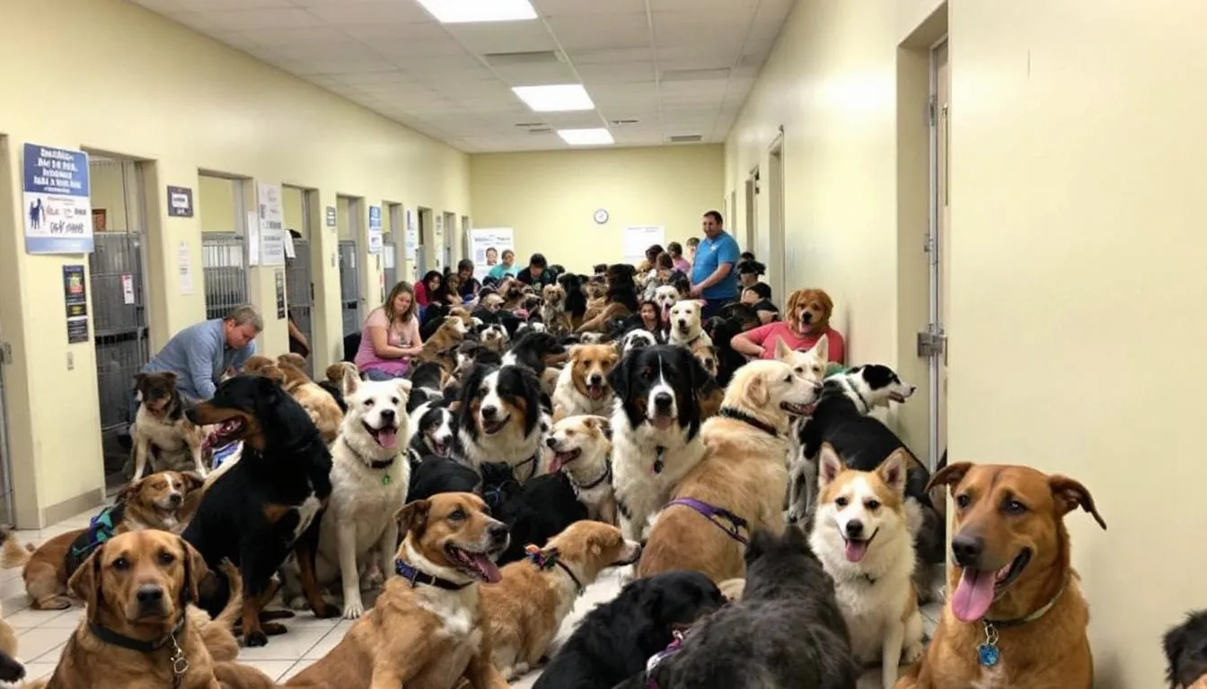 In a crowded shelter environment, several unvaccinated dogs are seen congregating, highlighting the risk of canine distemper virus spread among them. The atmosphere is filled with the sounds of barking, and some dogs show signs of distress, emphasizing the importance of vaccination to prevent this fatal viral disease.