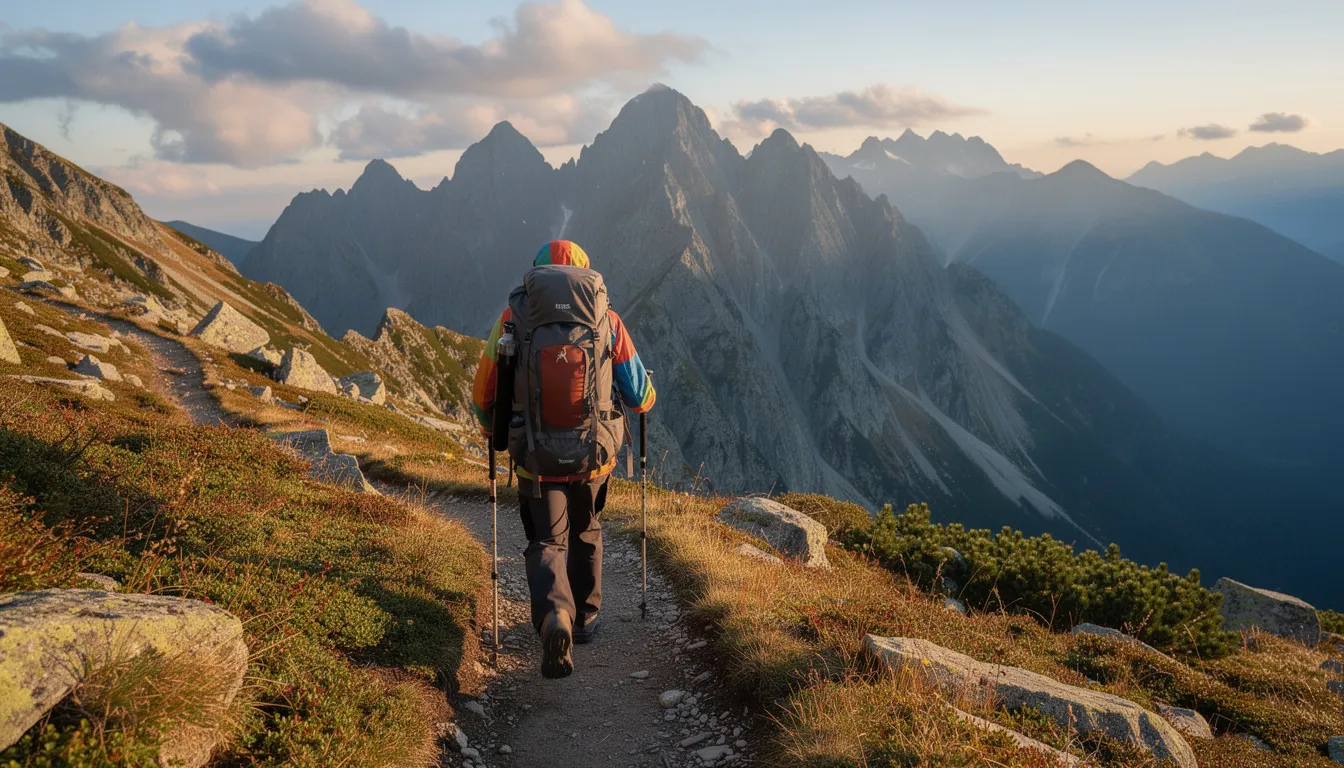 Na górskim szlaku turystycznym widoczny jest turysta z plecakiem, który podziwia tatrzańskie szczyty. Szlak, którym podąża, może być oznaczony kolorami szlaków, co ułatwia odnalezienie właściwej drogi w polskich górach.