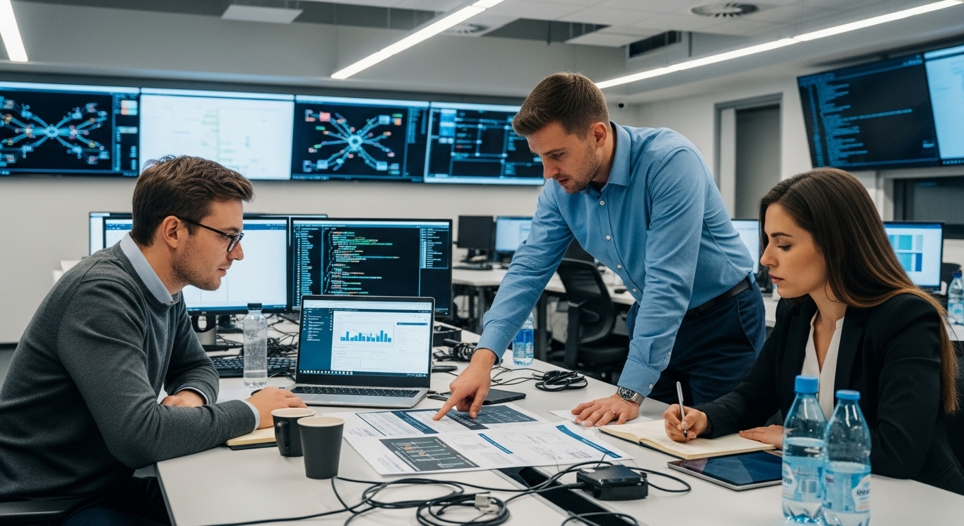 Security audit team reviewing vulnerability assessment reports in a university IT operations center.