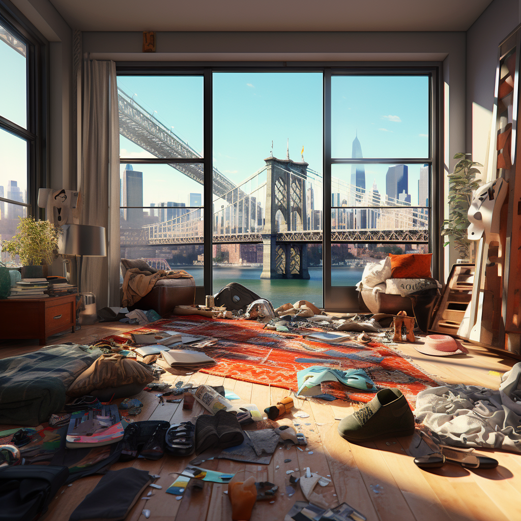 A cluttered New York City apartment with a spouse looking exasperated amid scattered clothes and personal items. The Brooklyn Bridge is visible from a window, juxtaposing the indoor chaos with the serene landmark outside. There is a strain of managing a household with an ADHD partner, signaling a need for specialized couples therapy for relationships with an Adult ADHD partner from 'Loving at Your Best Marriage and Couples Counseling'