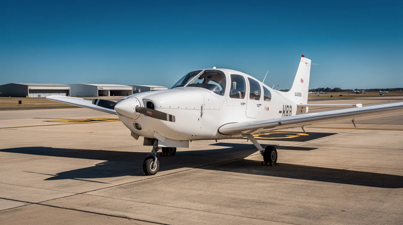 A small single-engine training aircraft is parked on a sunny airport tarmac under a clear blue sky, symbolizing the ideal environment for flight training. This scene reflects the aviation education offered at Embry Riddle Aeronautical University, where students prepare for their private pilot's license and engage in various flight courses.