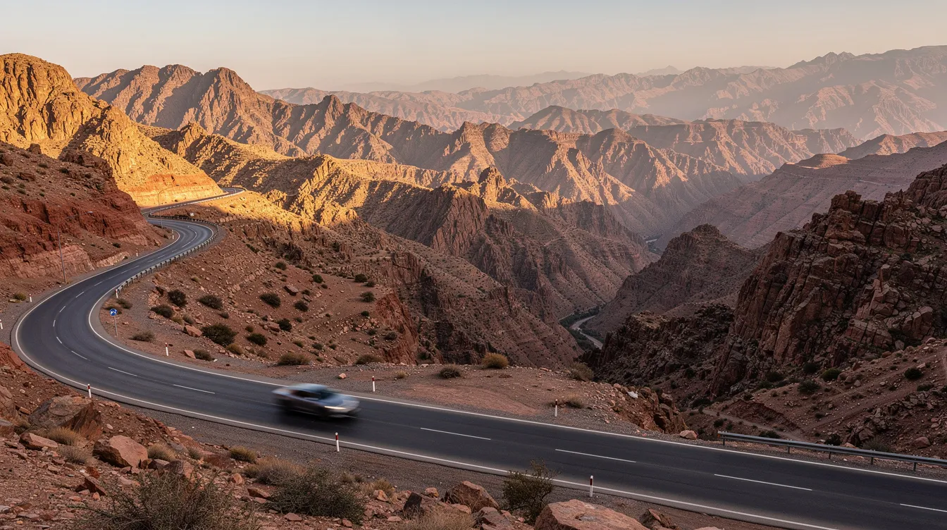 Een huurauto rijdt over een panoramische weg door het indrukwekkende Atlasgebergte in Marokko, omringd door majestueuze bergen en een adembenemend landschap. Deze scène geeft het gevoel van een avontuurlijke roadtrip door de veelzijdige natuur van het land.