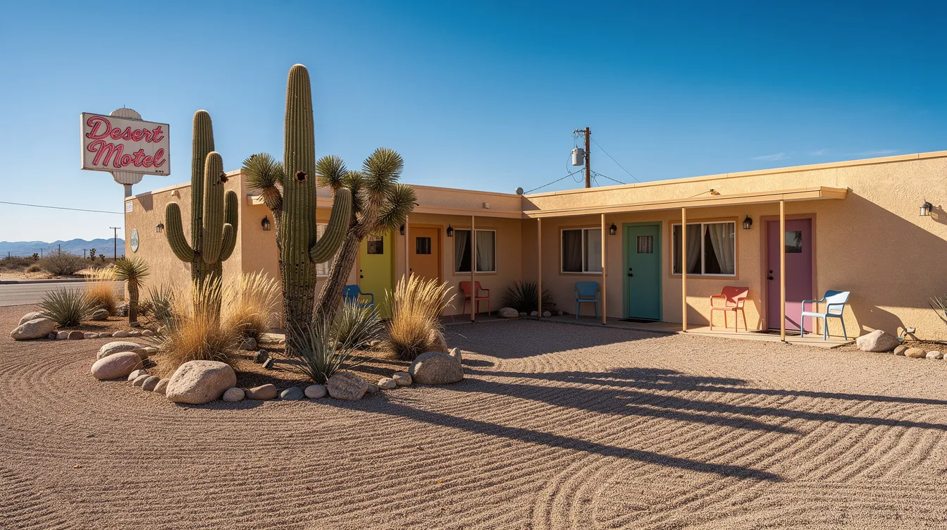 The image depicts a small, charming desert motel surrounded by cacti and Joshua trees in the front courtyard, all set against a clear blue sky, making it a picturesque spot for travelers exploring Joshua Tree National Park. This inviting property offers a unique atmosphere, perfect for those seeking accommodations near the stunning landscapes of the California desert.