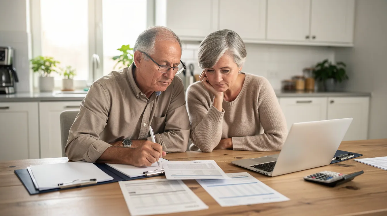 An elderly couple sits at a kitchen table, intently reviewing financial documents related to their retirement plan, discussing their savings strategy and projected retirement income. They appear engaged in planning for their future, considering various investment options and retirement accounts to ensure they meet their financial goals.