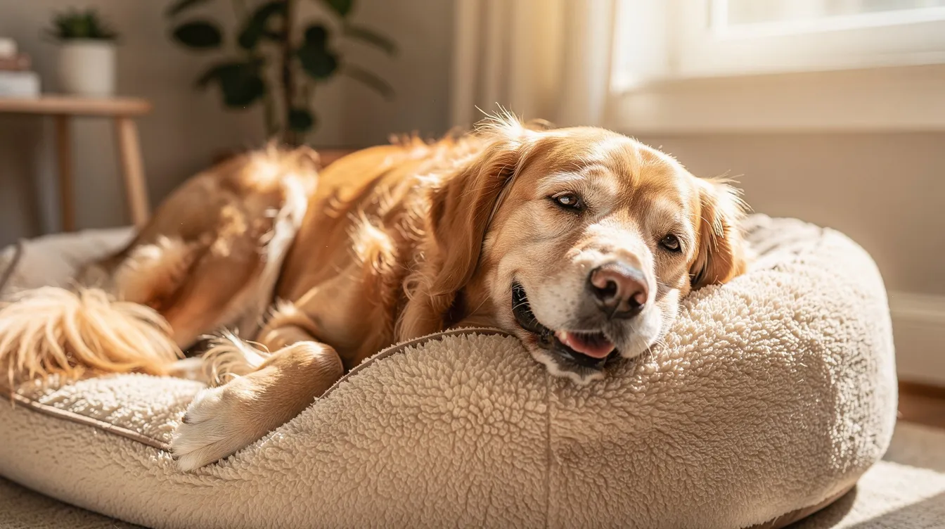 A happy senior golden retriever is resting comfortably on a soft bed in a sunny room, radiating warmth and contentment. The gentle light highlights the dog's golden fur, creating a serene atmosphere that reflects well-being and peace.