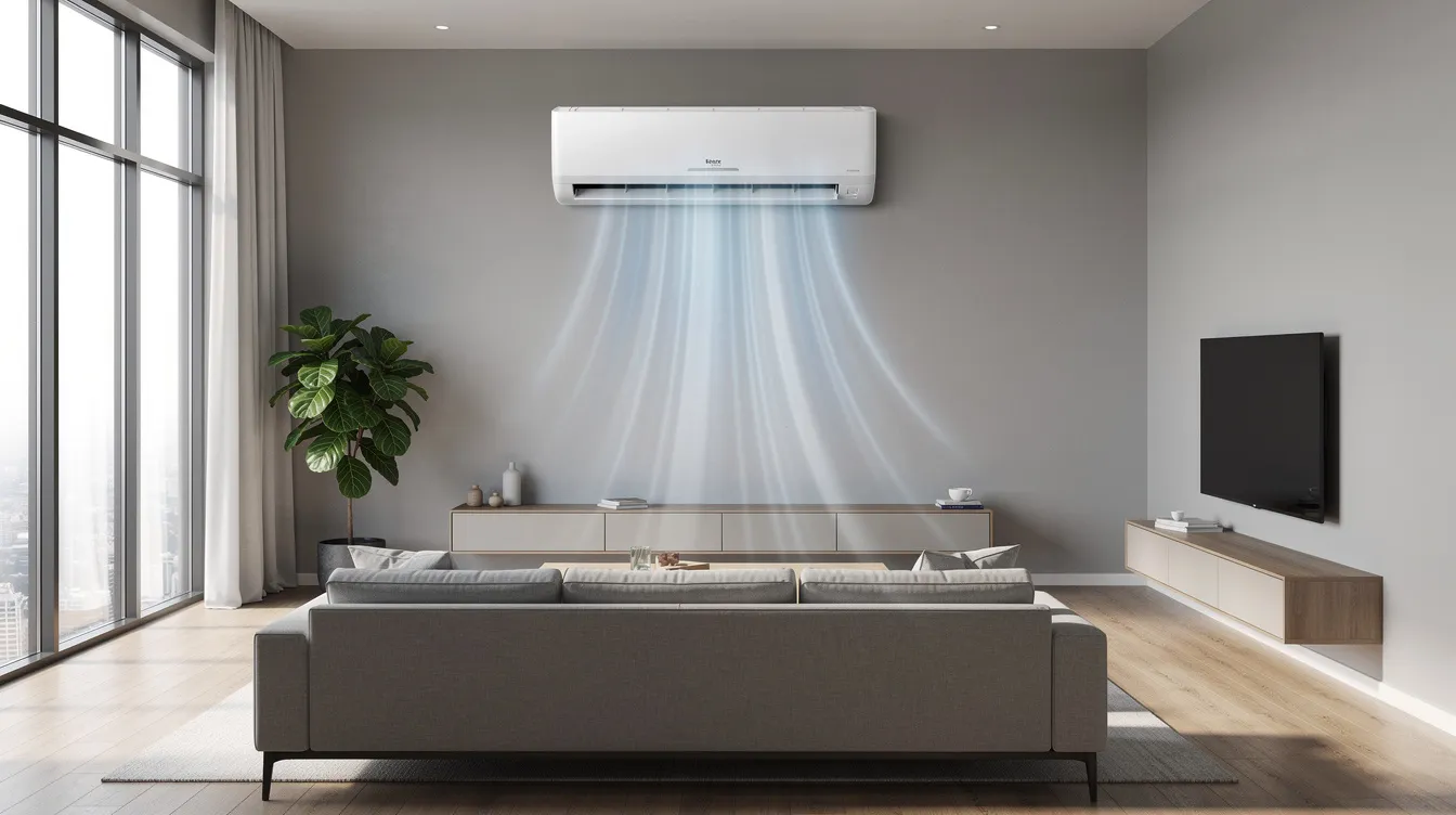 The image depicts a 24,000 BTU split air conditioner installed in a spacious modern living room, featuring a sleek indoor unit mounted on the wall and a remote control placed nearby. The room is designed with contemporary furnishings, creating a comfortable environment for relaxation and air conditioning relief.