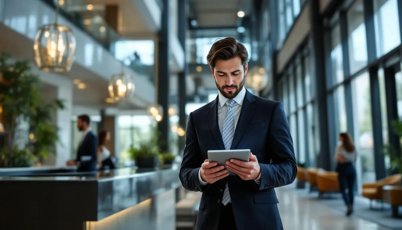 A hotel revenue manager is standing in a modern hotel lobby, intently reviewing pricing analytics on a tablet. The scene captures the essence of strategic planning in the hotel industry, showcasing the use of dynamic pricing tools to analyze market trends and optimize room rates for increased revenue.