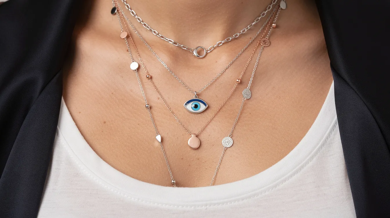 The image features a stylish arrangement of layered evil eye necklaces, showcasing a silver evil eye pendant paired with delicate chains in rose gold and white gold accents. This trendy look highlights the versatility of evil eye jewellery, perfect for transitioning from casual to elegant outfits.