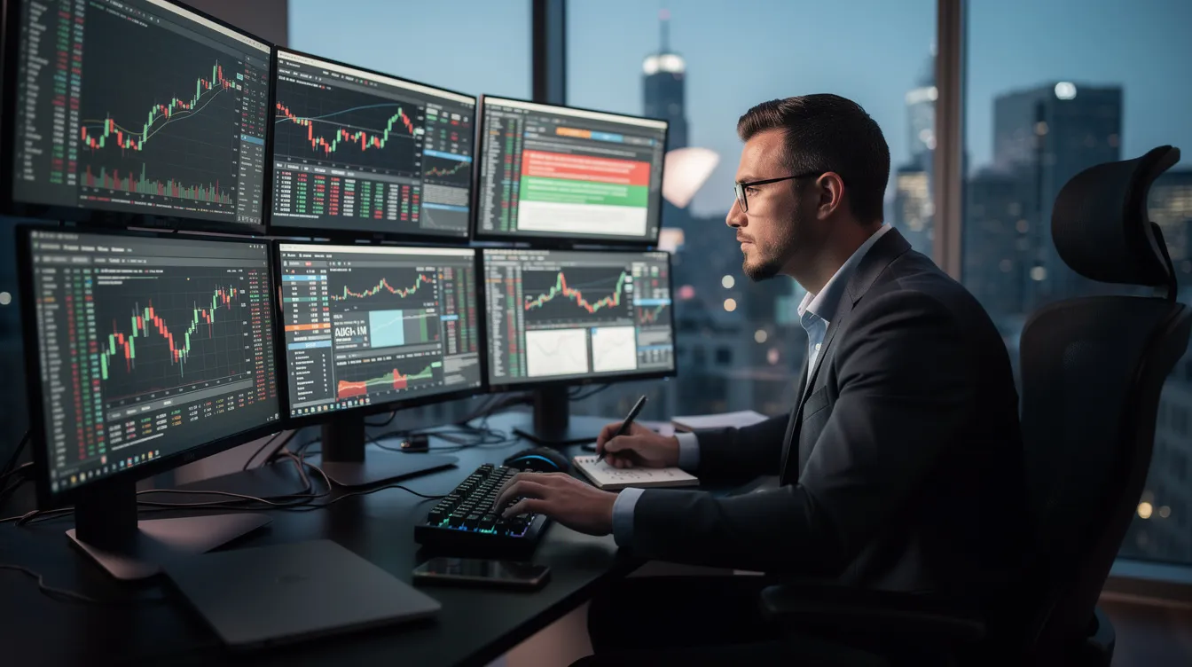 A professional investor is intently reviewing multiple screens filled with trading data, market analysis, and candlestick charts, focusing on XRP price predictions and technical indicators. The screens display real-time market conditions, price fluctuations, and trading volume, highlighting the investor's strategic approach to navigating the cryptocurrency market.