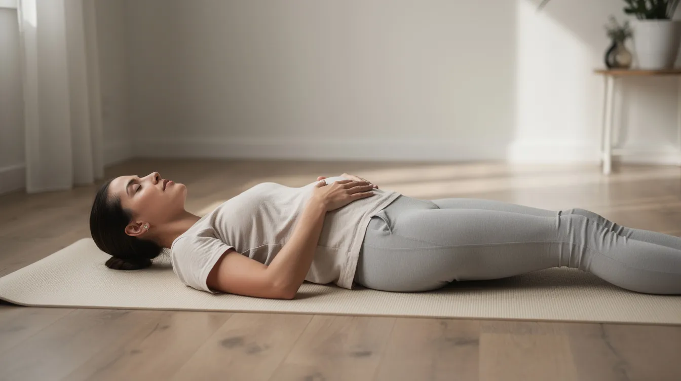 Een persoon ligt ontspannen op een yogamat met zijn handen op de buik, waardoor de natuurlijke ademhaling zichtbaar is. Dit beeld symboliseert het belang van ontspanning en ademhalingsoefeningen bij het omgaan met stress en spanning in het dagelijks leven.
