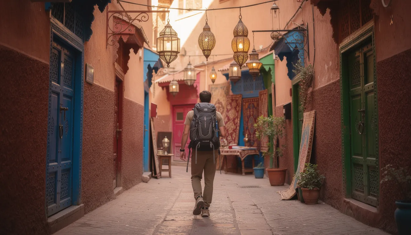 A backpacker strolls through a vibrant, narrow alley in a Moroccan medina, surrounded by traditional doors and hanging lanterns, embodying the essence of Moroccan life. The scene captures the relaxed atmosphere and colorful charm of this UNESCO World Heritage site, perfect for those visiting Morocco.