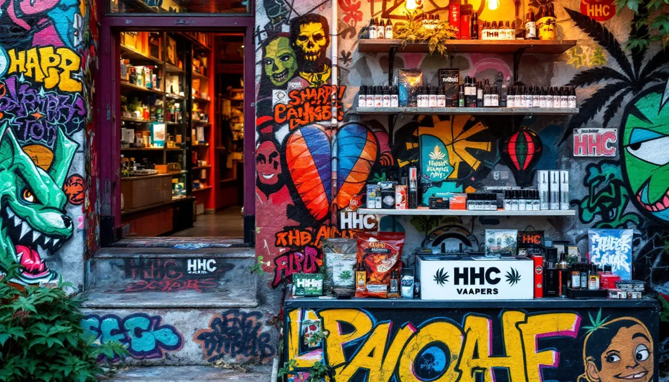 HHC Vapes and various cannabis products in a headshop in Chemnitz.