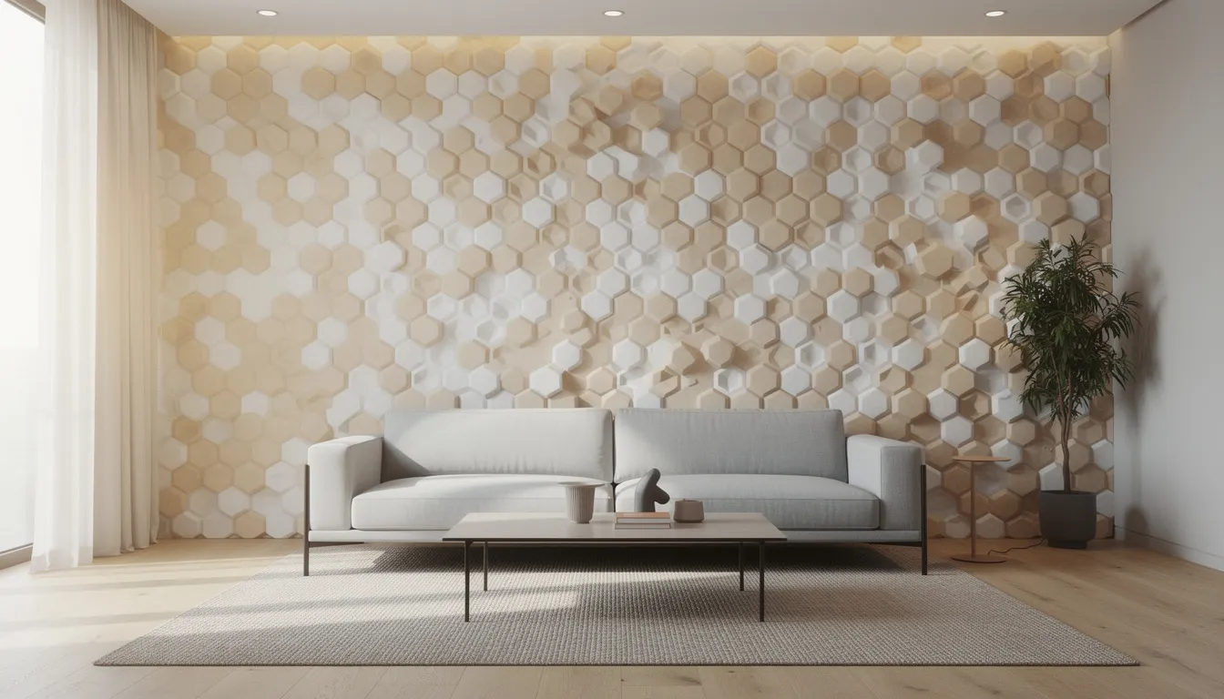 Een moderne woonkamer met een designbank en hexagon wandpanelen in een honingraatpatroon, die zorgen voor een luxe uitstraling en akoestische oplossingen. De unieke zeshoekige vorm van de panelen draagt bij aan een rustige sfeer en een strak resultaat in het interieur.