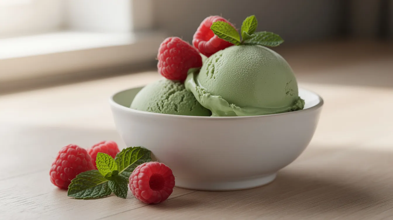 Zielone lody matcha podane z malinami i listkami mięty