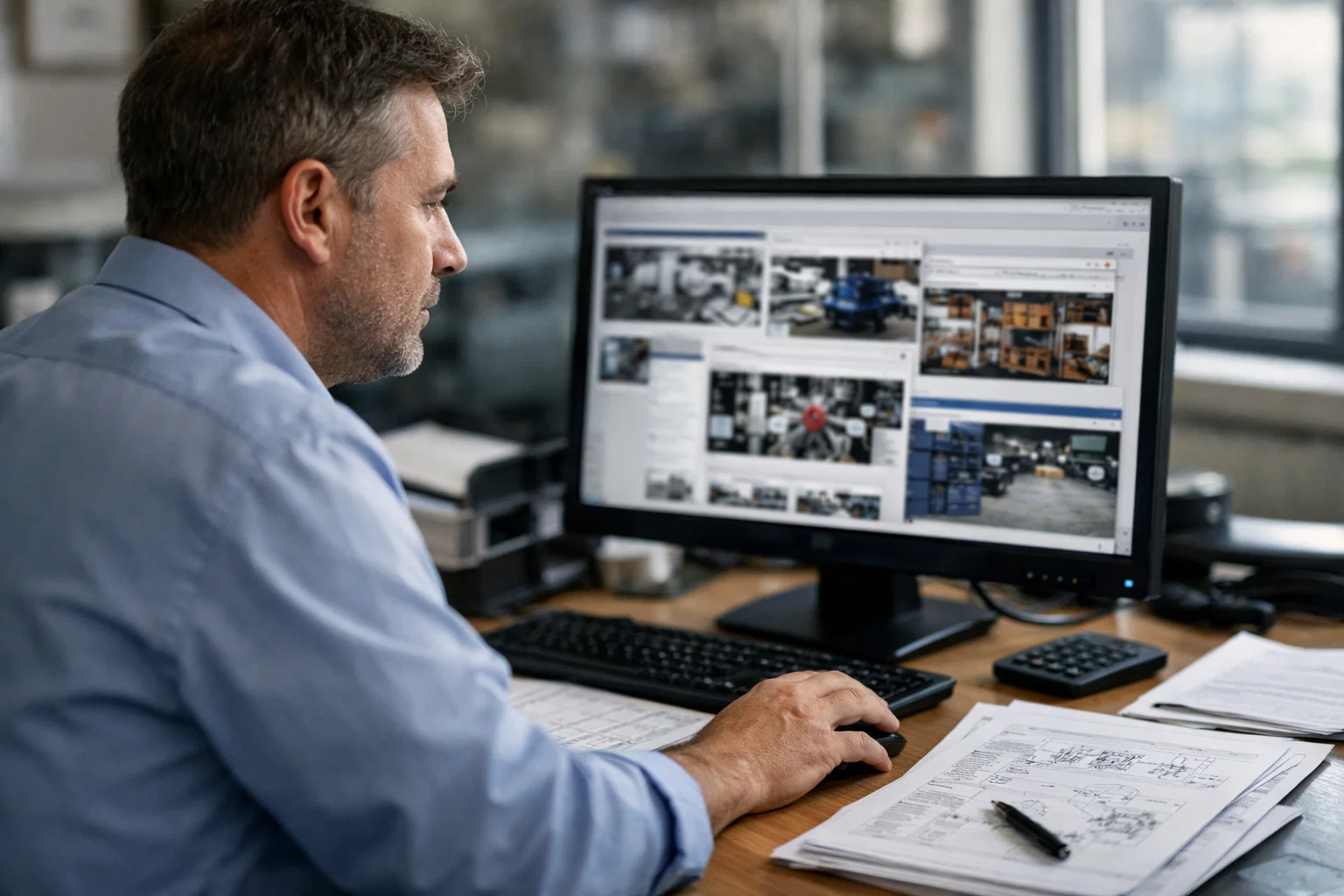 Procurement manager reviewing supplier websites and technical specifications