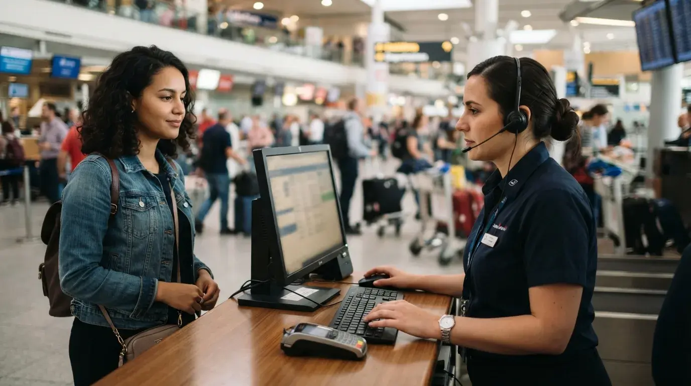 Airline agent reviewing a dummy ticket PNR record at check in