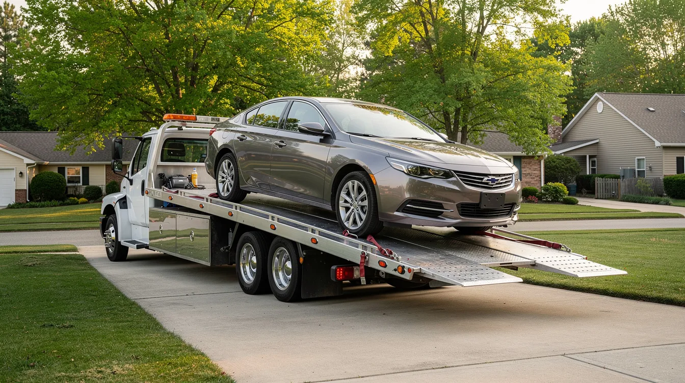 A flatbed carrier is loading a sedan in a residential driveway, surrounded by trees, illustrating the process of vehicle transport. This scene highlights the reliable car shipping services offered by auto transport companies for safe and efficient car delivery.
