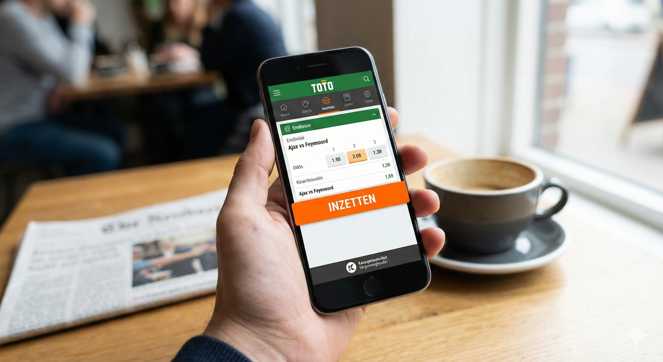 Persoon plaatst sportweddenschap via TOTO-app op smartphone in café.