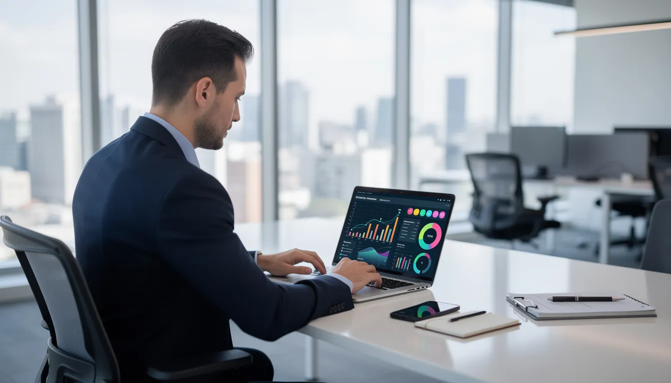 A business professional is seated in a modern office, intently reviewing analytics on their laptop, which displays graphs and data related to digital marketing efforts. The environment reflects a focus on driving organic search traffic and improving SEO strategies to enhance sales and social media engagement.