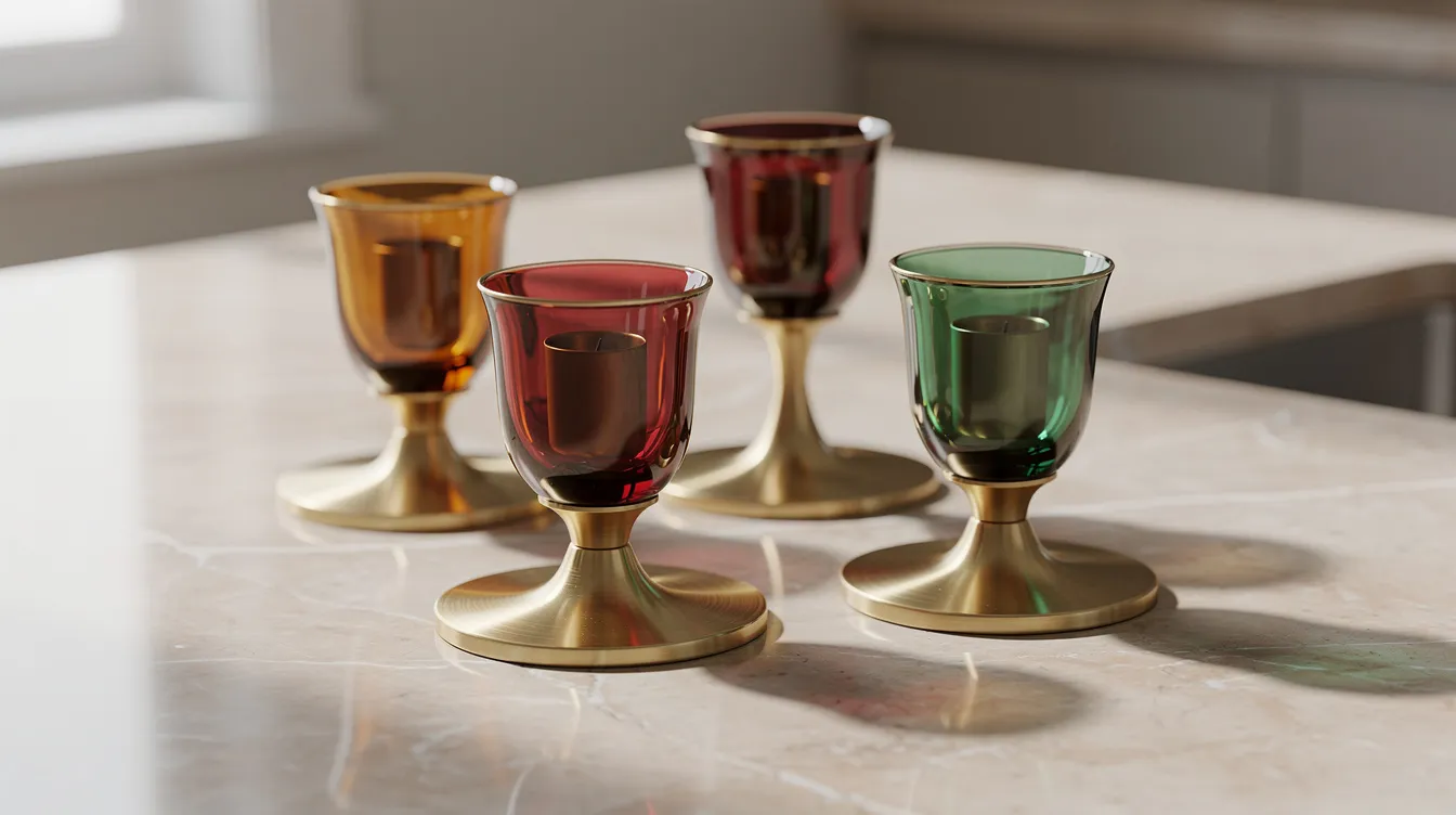 En närbild av eleganta ljusstakar i mässing och färgat glas, som står på en ljus marmorbänk. Ljusstakarna skapar en inbjudande atmosfär och passar perfekt för att lysa upp hemmet med levande ljus.