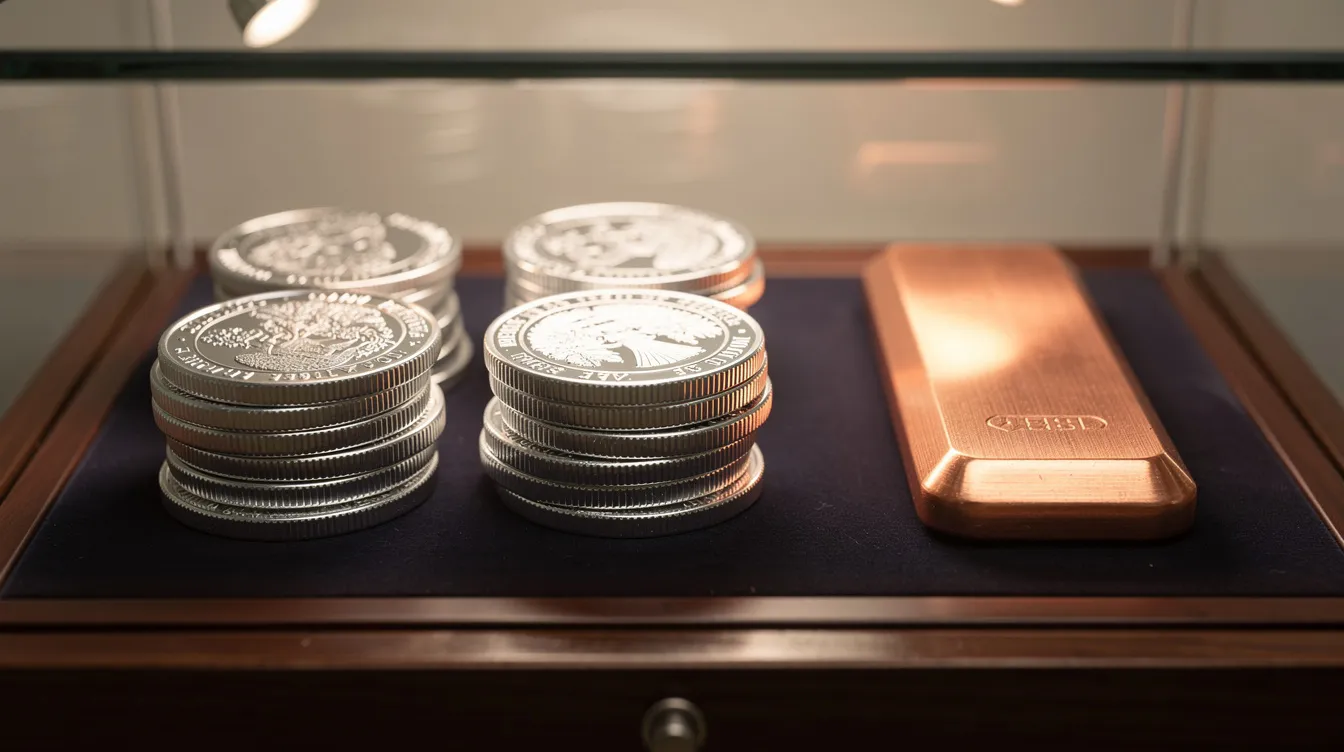 A display case containing silver rounds and a copper bar under soft lighting