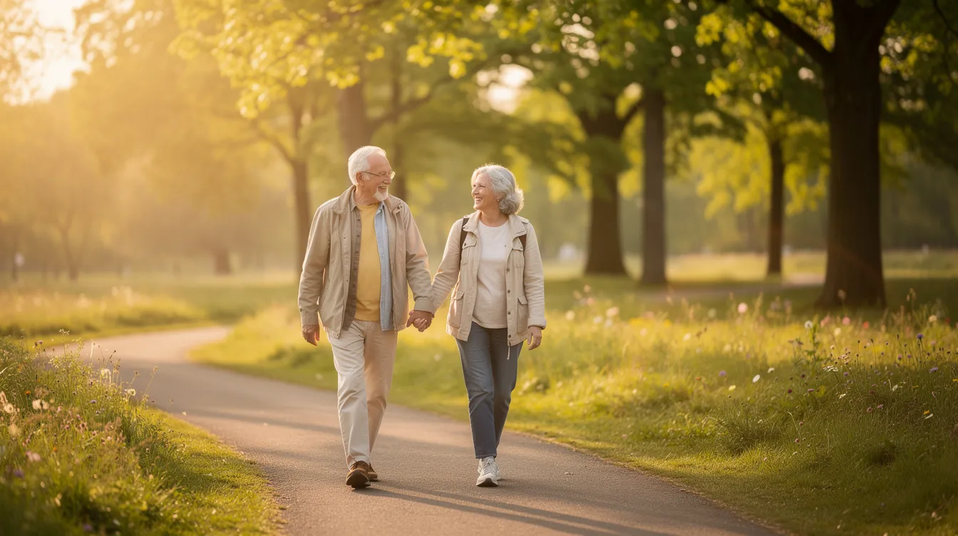A retired couple strolls hand in hand through a serene outdoor setting, enjoying their retirement lifestyle and the financial security that comes with careful planning and savings. Their relaxed demeanor reflects the benefits of a well-structured retirement plan, allowing them to savor these moments together.