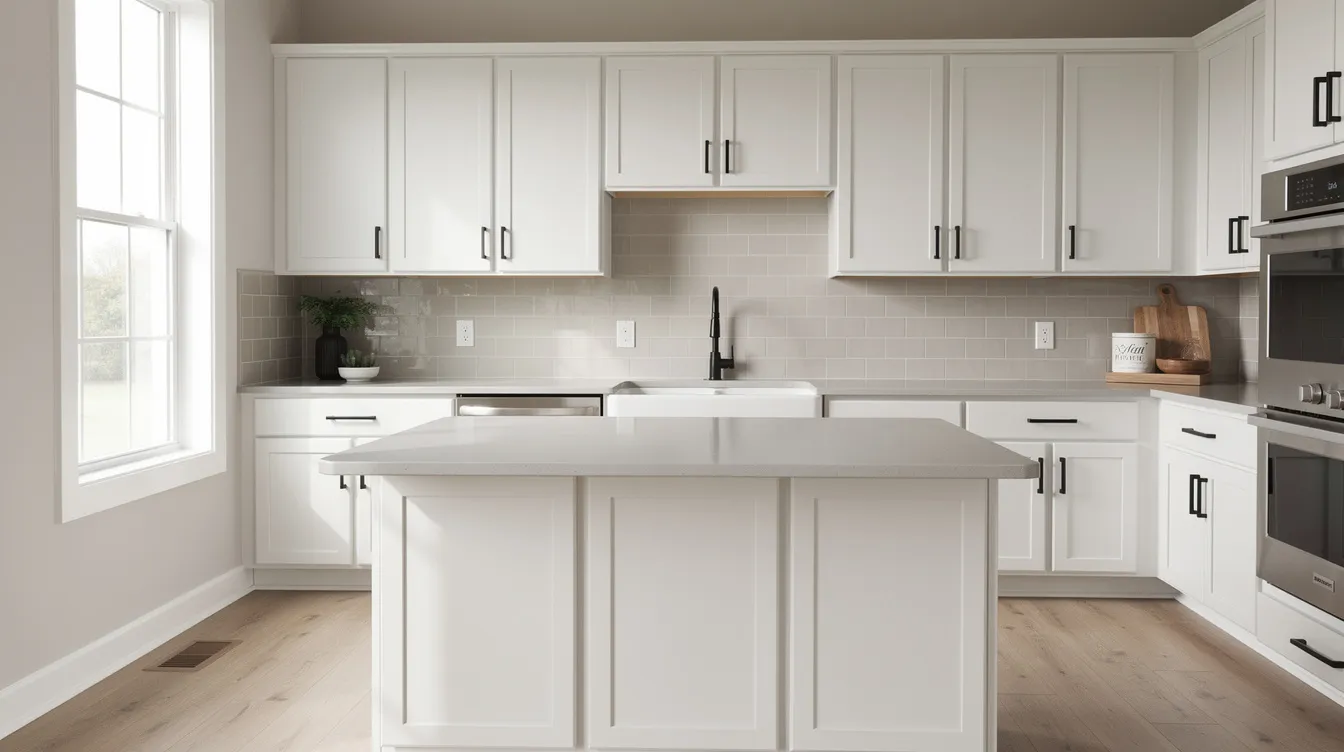 The image depicts a modern kitchen featuring freshly painted white cabinets complemented by sleek new black hardware, showcasing a clean and stylish aesthetic. This cabinet painting project highlights the transformation of existing cabinets into a dream kitchen with a fresh coat of paint that enhances the overall appeal.
