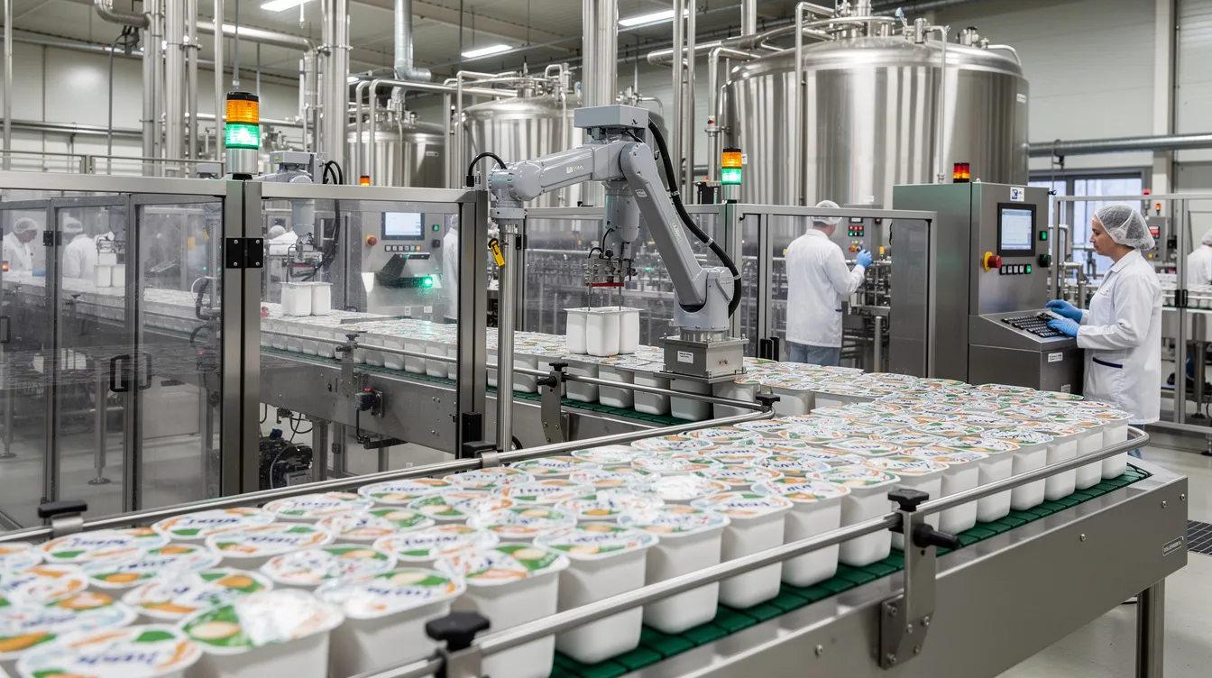 6d3bdfe9 0584 4d4c 8c9c 38f117d23641 The image depicts an industrial dairy production line where automated packaging machinery efficiently processes yogurt cups, highlighting the operational efficiency in the dairy sector. This setup is essential for maximizing milk production and improving profitability through value-added dairy products.