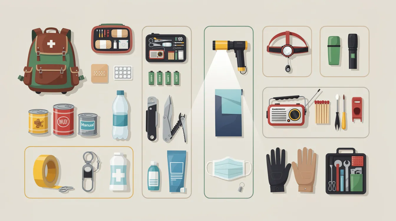 Essential tools and equipment for emergency preparedness, including a manual can opener and duct tape.