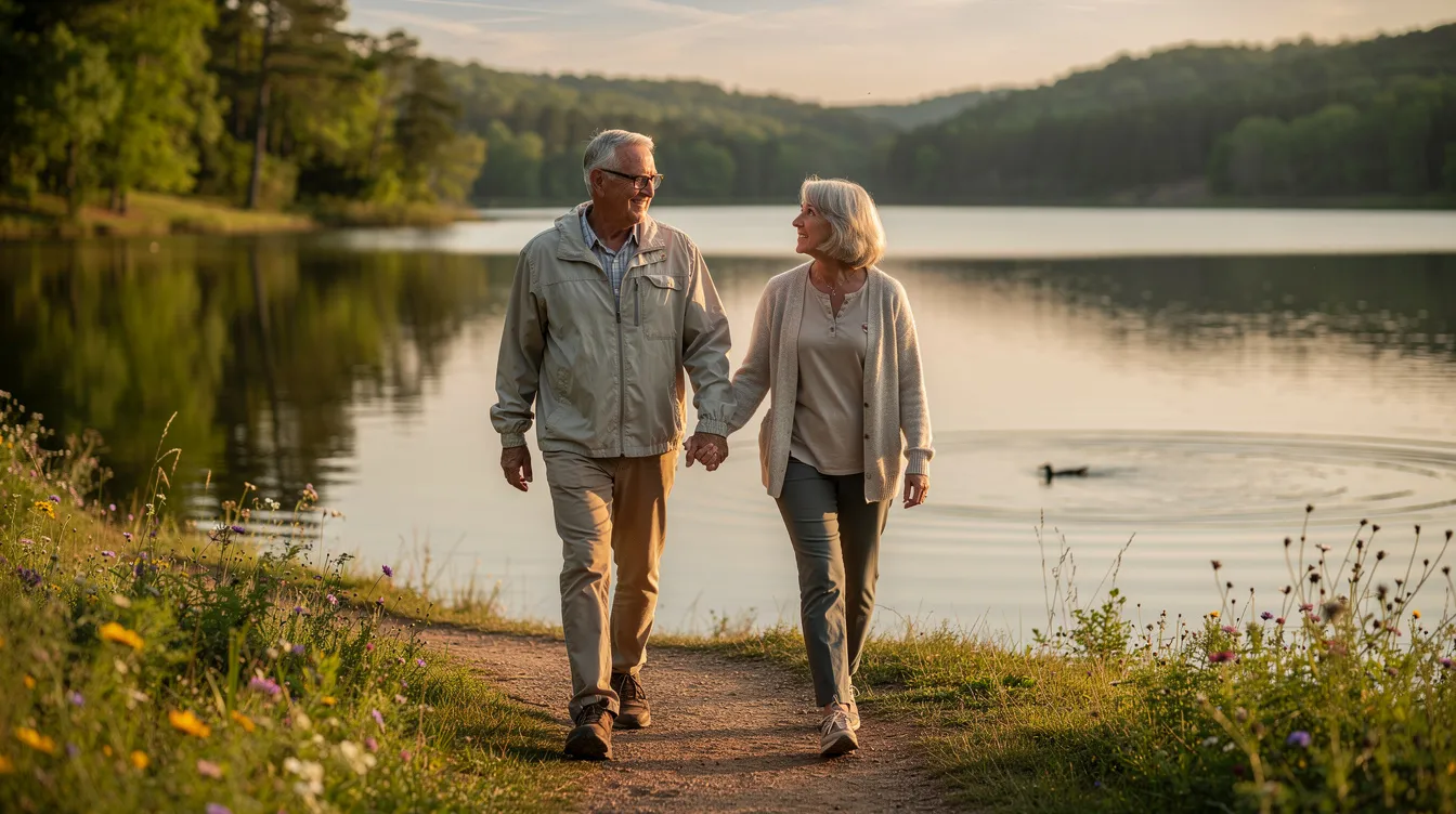 A retired couple strolls hand-in-hand along the serene shores of a quiet lake in Arkansas, enjoying their financially secure retirement. The peaceful setting reflects their well-planned retirement options, allowing them to relax and appreciate their time together.