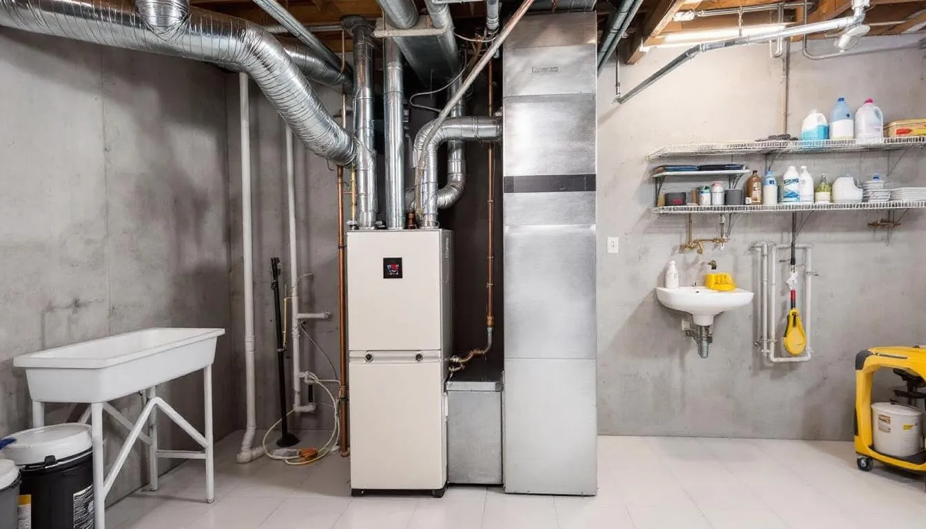 In a basement utility room, a modern high-efficiency gas furnace is being installed, showcasing energy efficient upgrades that contribute to energy and cost savings for homeowners. This installation represents a step towards an energy efficient home improvement, potentially qualifying for federal tax credits and enhancing overall thermal efficiency.