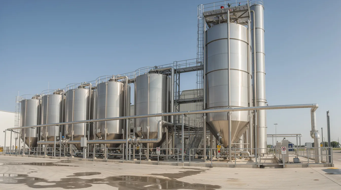 6d4050f0 ddb4 4516 83a4 fc60f7690f54 The image depicts an industrial dairy processing facility featuring large stainless steel silos and a tall spray dryer tower, set against a clear sky. This scene represents a milk powder manufacturing plant, integral to the dairy processing industry, where raw milk is transformed into various dehydrated dairy products.
