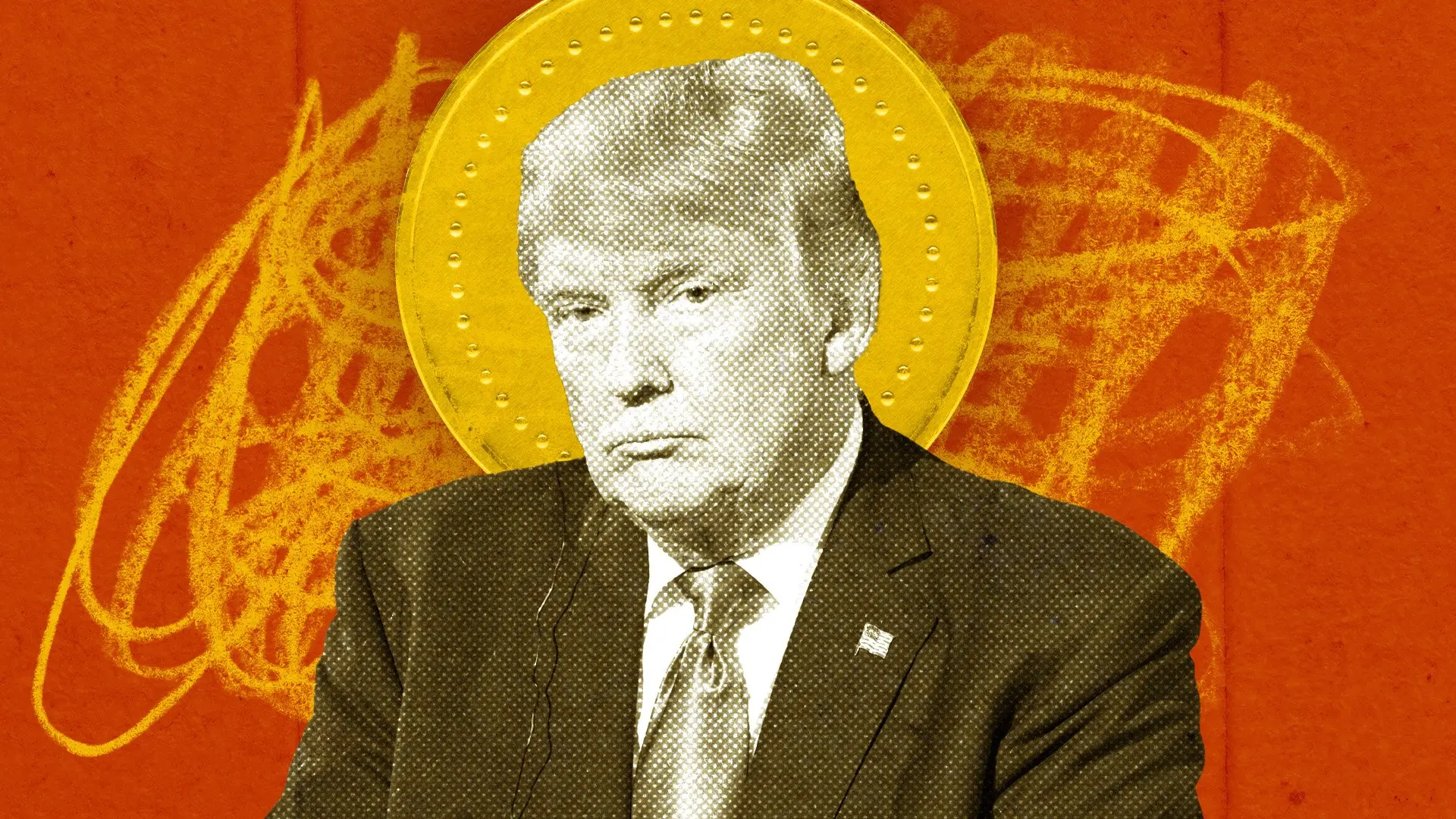 Illustration of Donald Trump in a suit with orange colored background