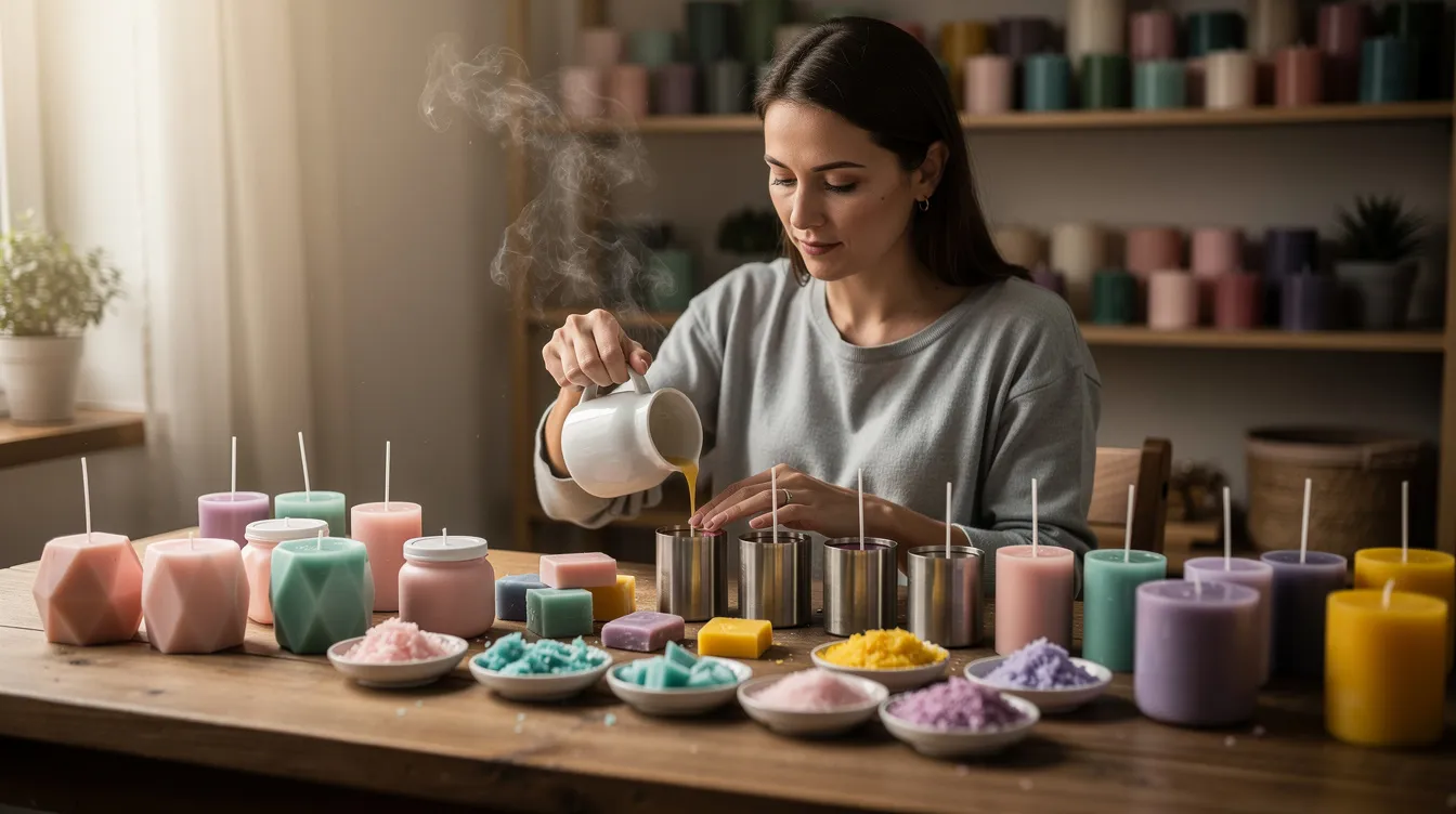 A woman is focused on crafting handmade candles at a home workshop table, surrounded by colorful wax and various molds. This small business idea reflects the growing demand for unique, artisanal products, making it a profitable business opportunity for aspiring entrepreneurs.