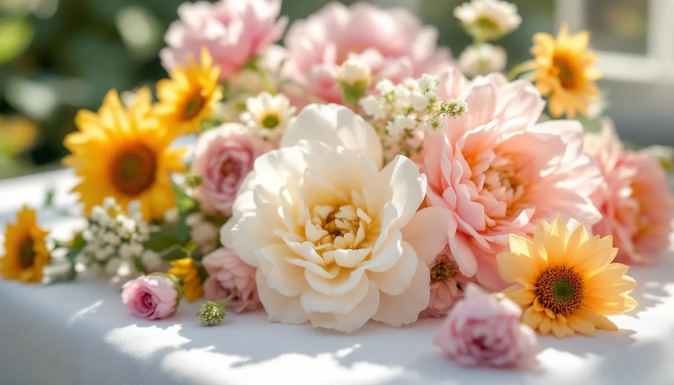A vibrant color palette featuring beautiful summer flowers for a wedding.