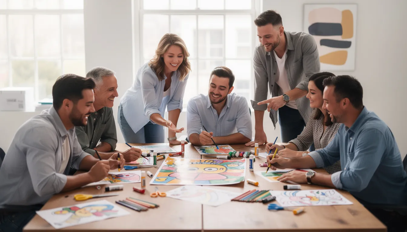 A diverse group of colleagues is gathered around a table, collaborating on a vibrant art project that showcases their creativity and teamwork. This engaging activity not only fosters a positive work environment but also enhances communication skills and encourages team bonding among employees.