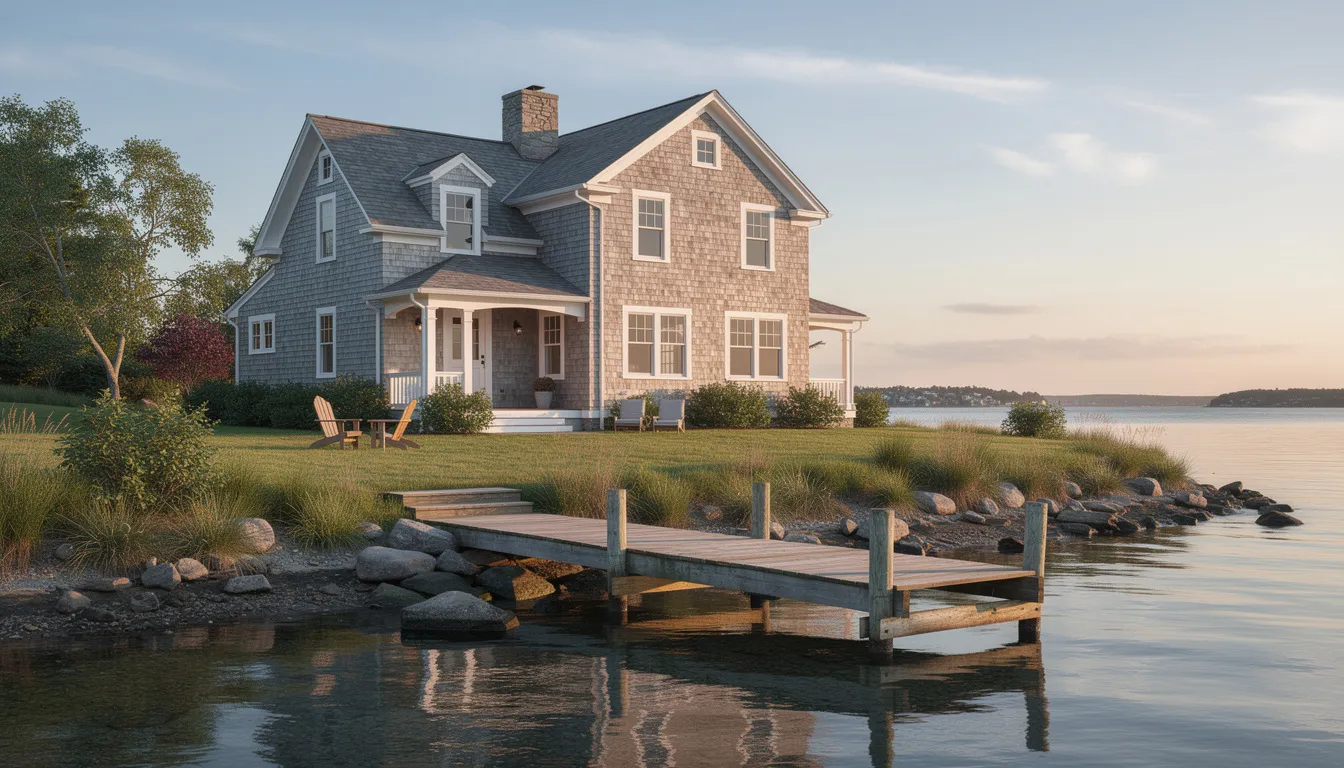 The image depicts a classic coastal home in Connecticut featuring charming cedar shingles and a wooden dock that stretches into calm waters, embodying the allure of waterfront living. This picturesque property highlights the appeal for real estate investors seeking desirable properties in Connecticut's waterfront market, perfect for generating rental income and enjoying coastal charm.