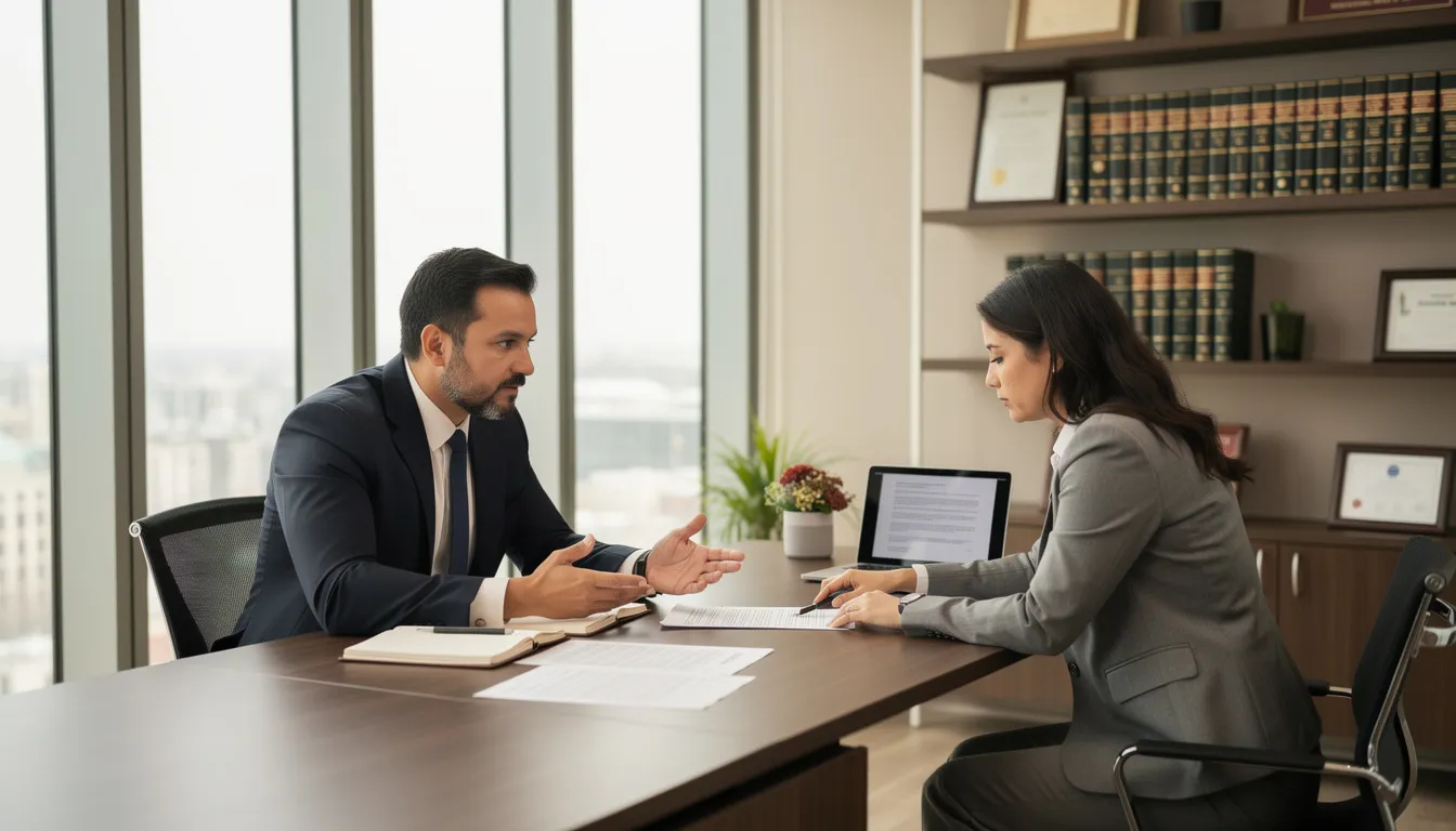 The image depicts a legal consultation meeting taking place in a professional office setting, where a workers compensation attorney is discussing a case with an injured worker. They are reviewing documents related to the workers compensation claim, focusing on medical expenses and lost wages due to a workplace injury.