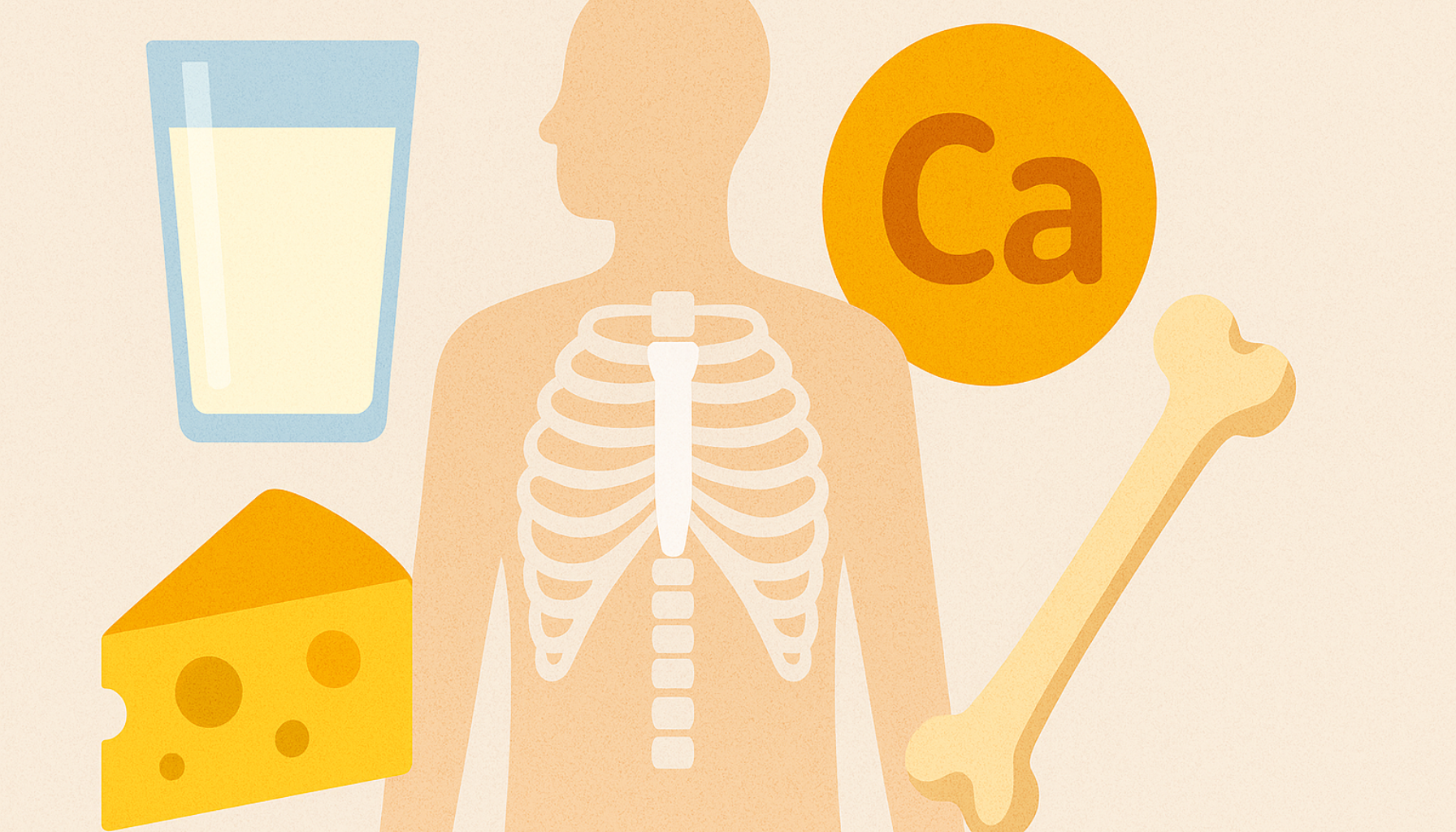 Kalsium – Derfor trenger kroppen din dette mineralet 12 En illustrasjon som viser en menneskekropp med ribbein, et glass melk, en ostehaug, et lårben og et kalsiumsymbol for å vise hvorfor kroppen trenger mineralet kalsium.