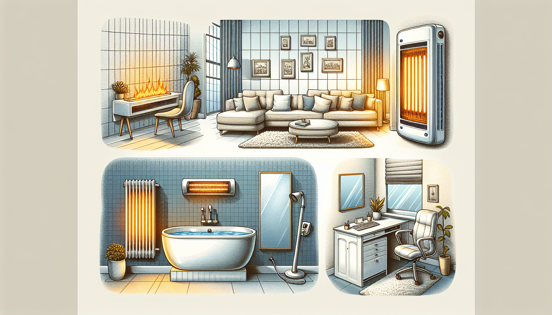 A diagram illustrating the best applications for wall mounted electric heaters in different spaces.