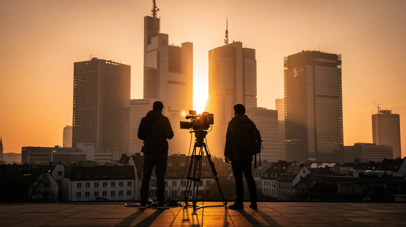 Ein Kamerateam von muthmedia GmbH steht bei Sonnenuntergang vor der beeindruckenden Skyline von Frankfurt am Main, während die Kamera auf einem Stativ auf die Hochhäuser gerichtet ist. Das warme Gegenlicht schafft eine stimmungsvolle Atmosphäre, die perfekt für Filmproduktionen und Videomarketing geeignet ist.