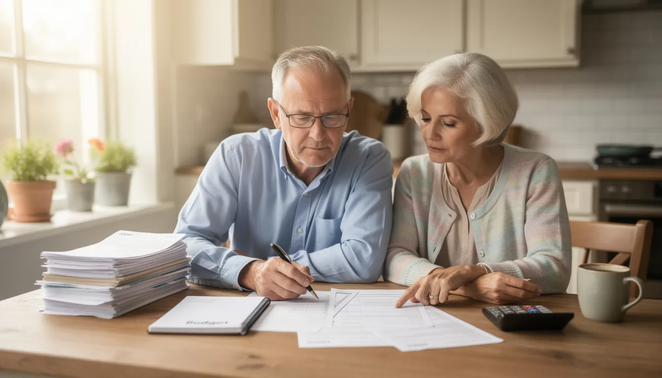A senior couple sits together at a kitchen table, illuminated by natural light, as they review financial documents to discuss their financial future and retirement planning. They are focused on making informed decisions to achieve their financial goals with the help of personalized financial advice from their investment adviser.