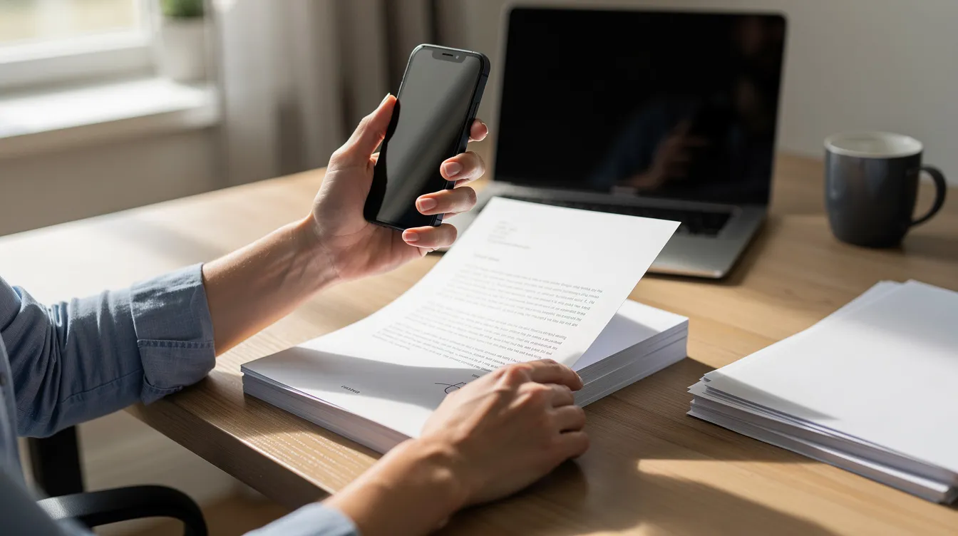 The image depicts a person calmly scanning various documents, such as bank statements and utility bills, with a smartphone camera, likely for the purpose of submitting paperwork related to a mudra loan application. This process involves verifying identity and income details, essential for funding through small finance banks under the Pradhan Mantri Mudra Yojana scheme.