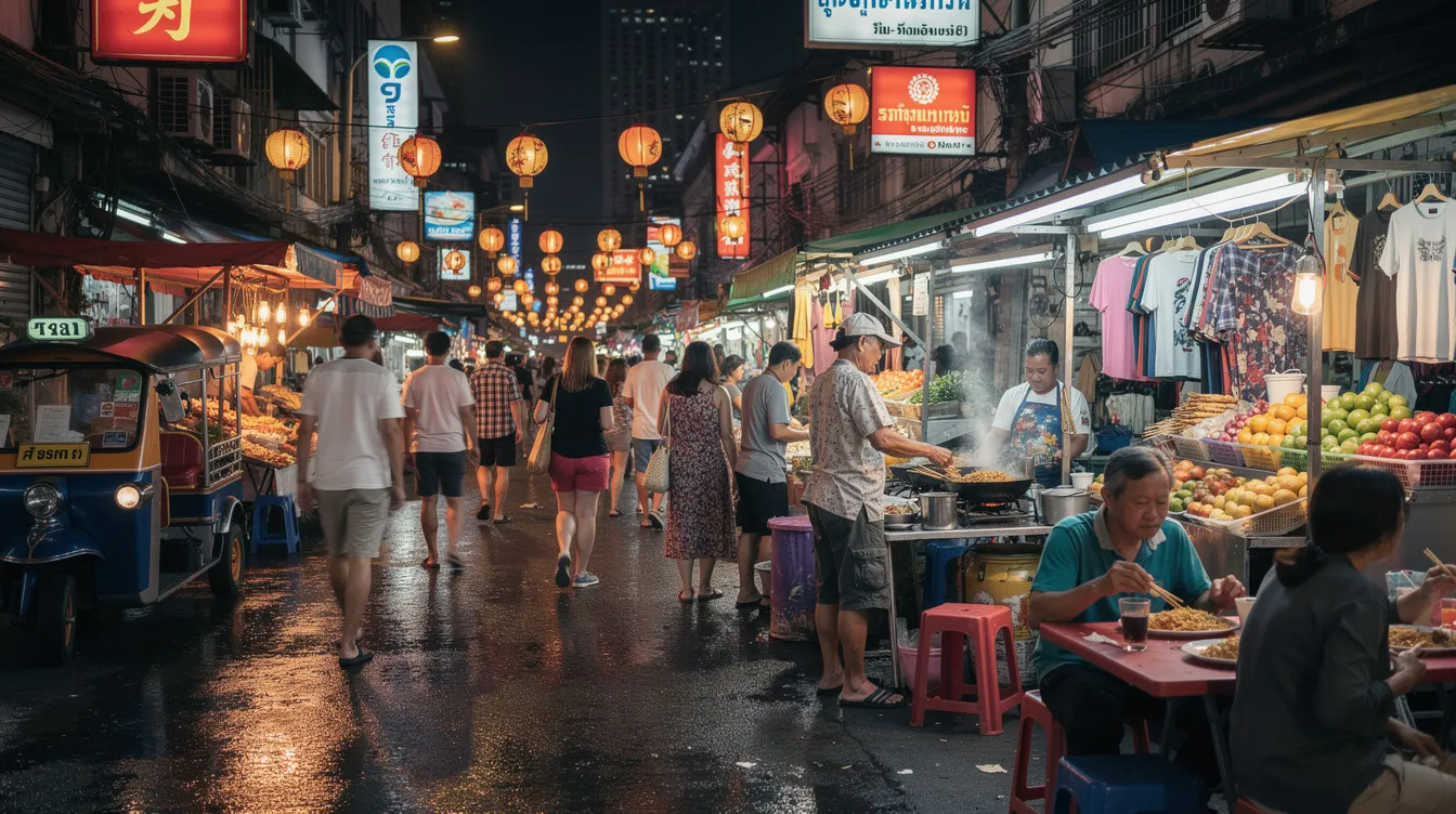 Imagem de um mercado vibrante em Bangkok, Tailândia, repleto de barracas coloridas vendendo produtos locais, alimentos típicos como o famoso pad thai, e uma multidão de pessoas explorando as opções. Ao fundo, é possível ver templos budistas que adicionam um toque cultural à cena movimentada da vida noturna da cidade.