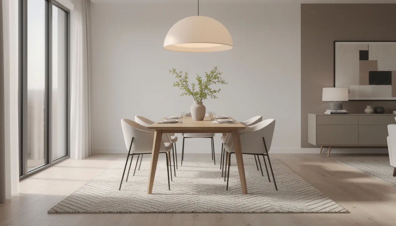 Een complete eethoek met stijlvol ingerichte eetkamerstoelen rondom een eettafel, verlicht door een moderne hanglamp. Het geheel is afgewerkt met een vloerkleed, waardoor de eetruimte een gezellige en comfortabele uitstraling krijgt.