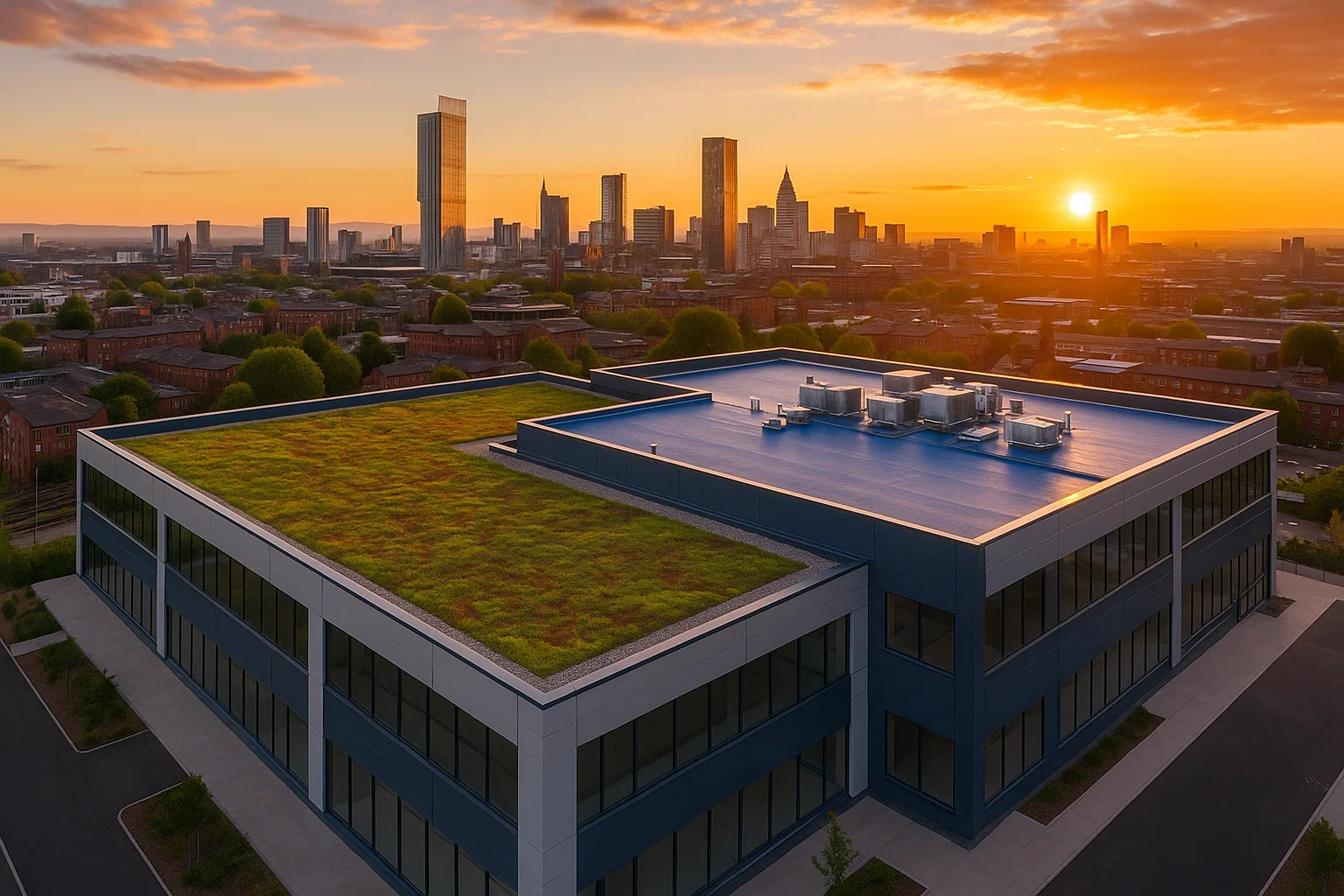 Sunset aerial view of a commercial building in Manchester with green and blue roof systems.